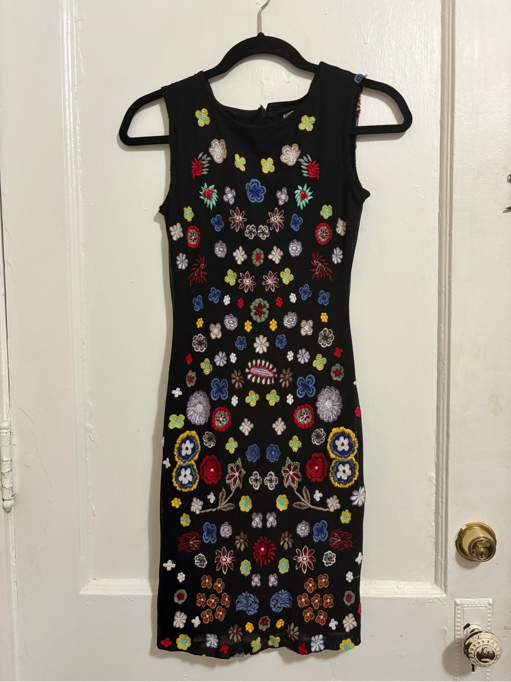 Aqua Black Sleeveless Midi Dress with Multicolor Floral Embroidery